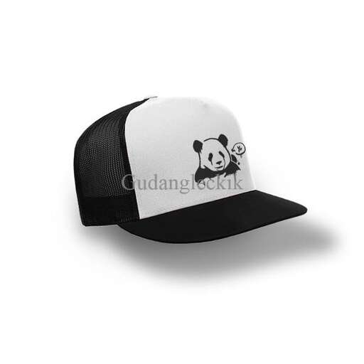 a black and white baseball cap with a panda on the front.