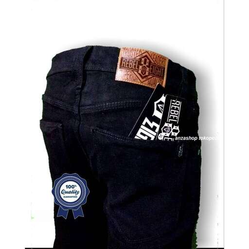 black jeans with a blue ribbon