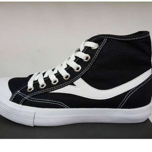 a pair of black and white sneakers