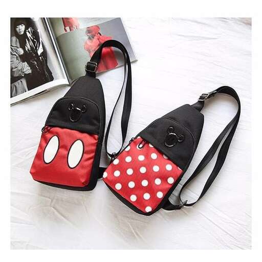 a pair of black and red purses with white polka dots.