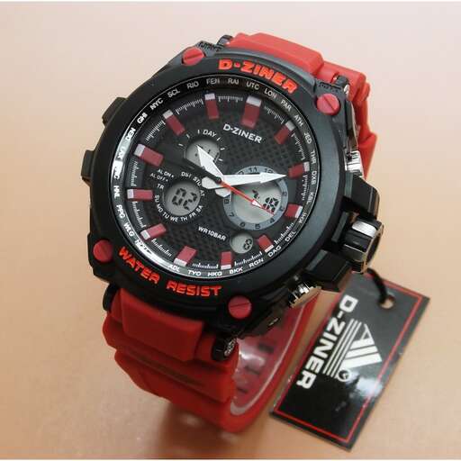 the red watch with black numbers and red dials.