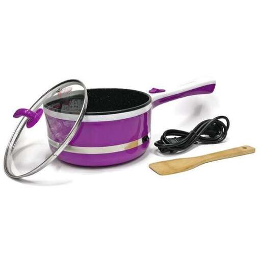 a purple and white pot with a spoon and a spoon.