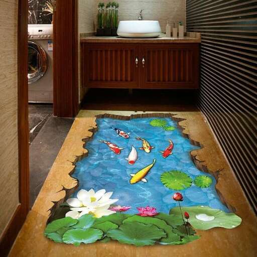 a painting of a pond in a house in the mountains