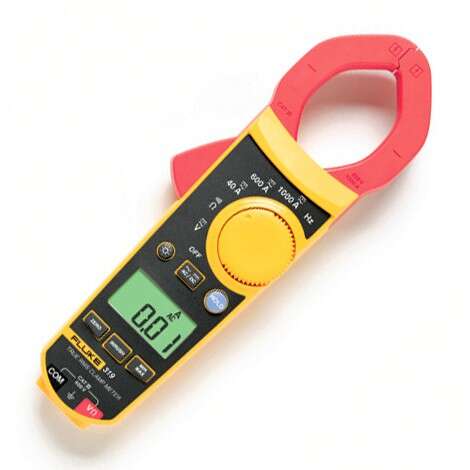 a yellow digital calculator with a red handle.