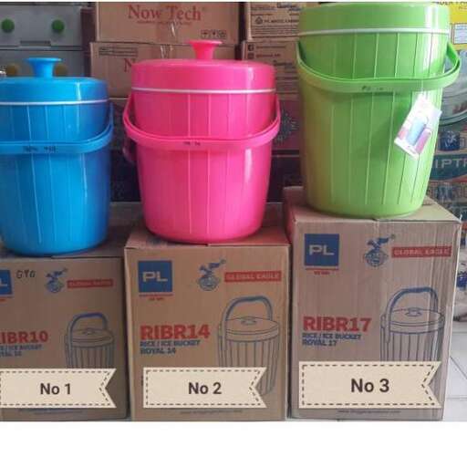 a display of various plastic buckets and containers.