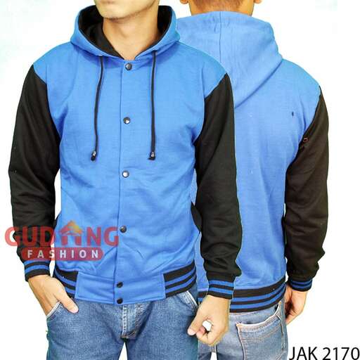 men's blue and black long sleeved jacket with a hoodie