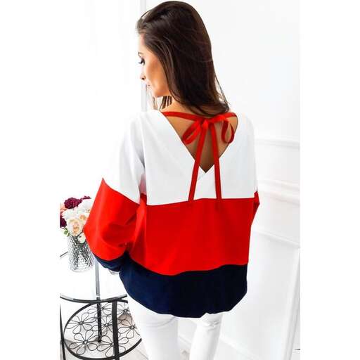 red, white, and blue hoodie with a bow.
