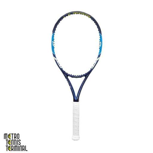 a tennis racket with a blue handle.