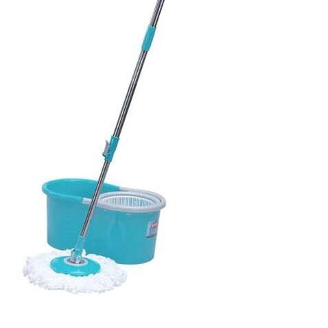 a blue and white mop and a white bucket
