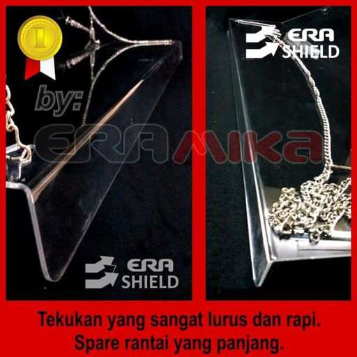 a glass vase with a chain and some beads