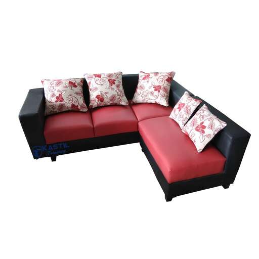 a modern sofa with a black leather seat and a red cushion.