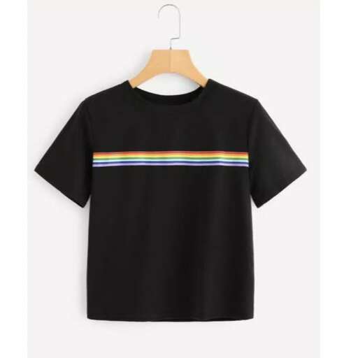 a black t - shirt with a rainbow stripe on the front.
