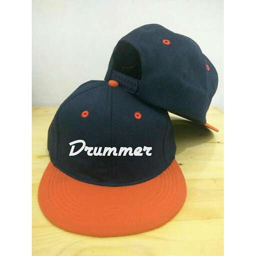a baseball cap with orange and blue on it.