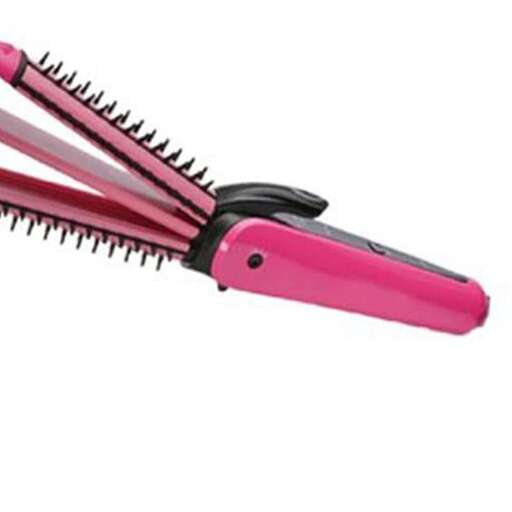a pink and black hair clip with a pink handle.