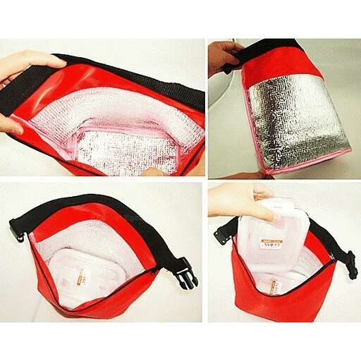 the inside of the bag is red, black, and white.