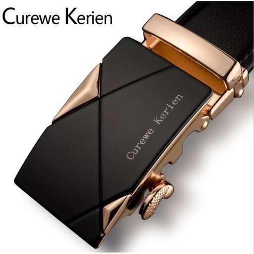 a black leather strap with a gold buckle.