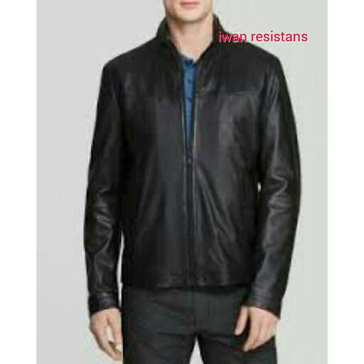 leather jacket with a blue collar