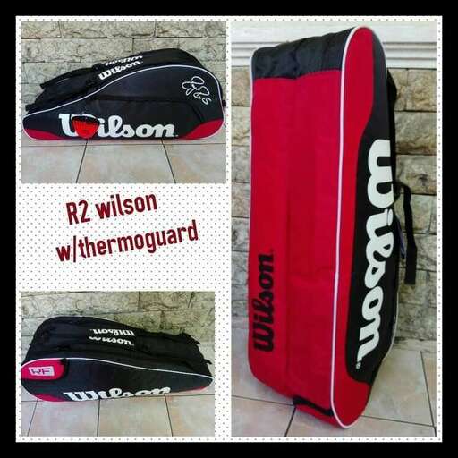a tennis racket and a bag on the ground.
