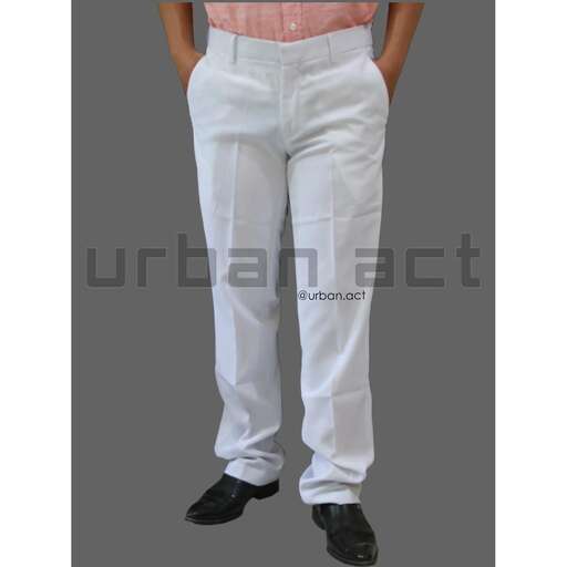 men's white trousers with a pink shirt and black shoes