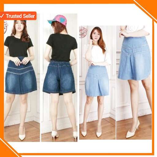 a woman in a denim skirt and a t - shirt.