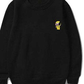 black sweatshirt with a yellow logo on the front