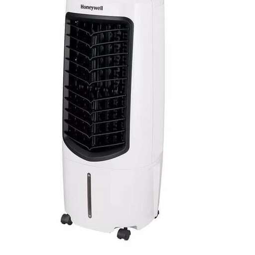 a heater with a black base and white wheels.