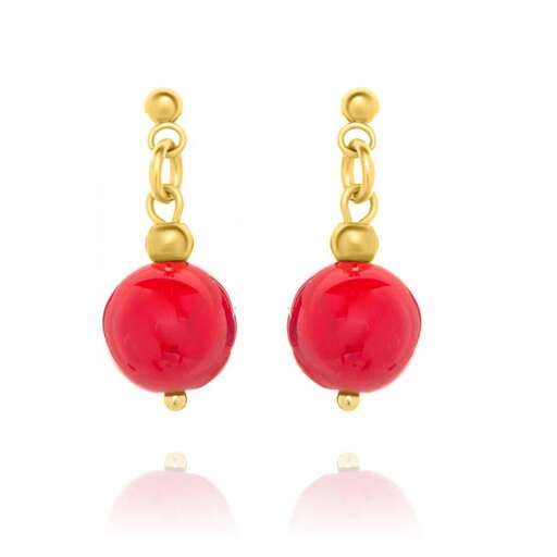 a pair of red glass drop earrings with a gold chain and a gold chain.