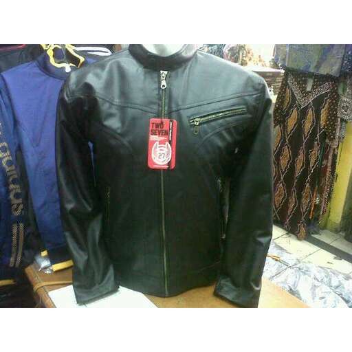 leather jacket in black with a red tag