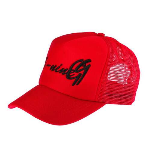 red hat with black print on the front and the logo on the front.
