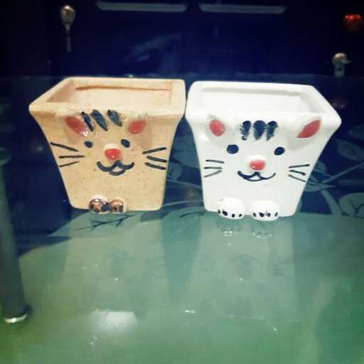 two ceramic bowls are sitting on a table.