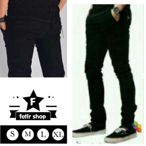 a man standing next to a pair of black pants.