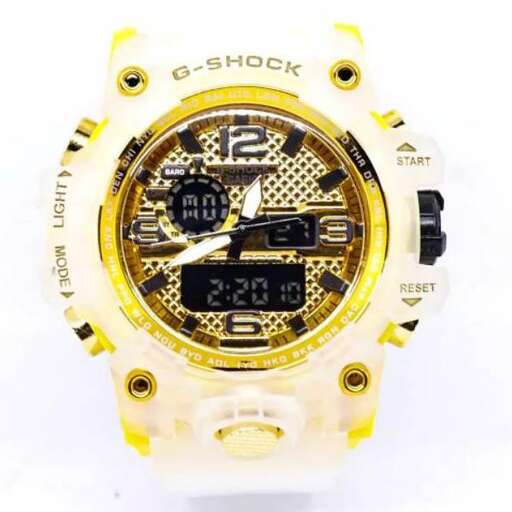 a yellow and white watch with a black dial and a yellow dial.