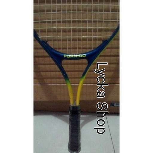 a tennis racket with a blue handle and a green and yellow stick.