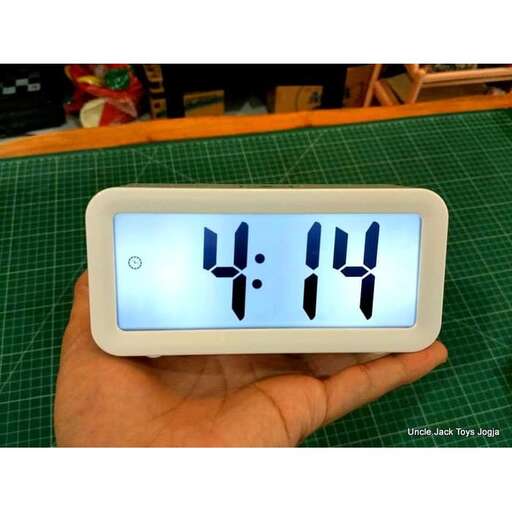 a person holding a digital clock in their hand.