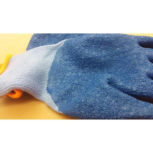a blue glove with a yellow handle.