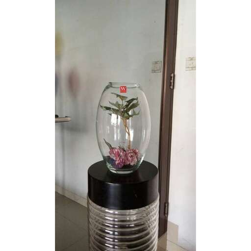 a glass vase with a flower in it on a black base.