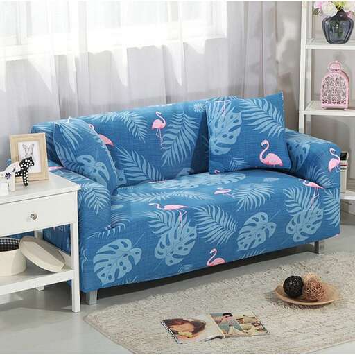 blue sofa with a floral pattern