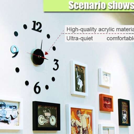 a wall with a clock and pictures on it