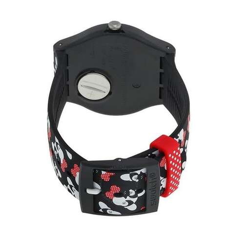 a black leather belt with a floral print and a red flower print.