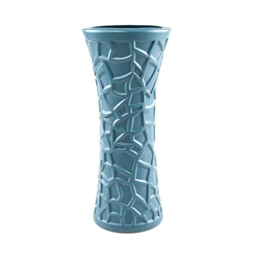 a blue glass vase with a curved design.
