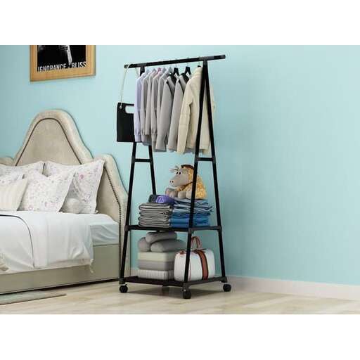 a shelf with a shelf and a shelf with clothes on it.