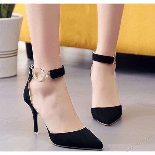 a pair of black high heeled shoes with a strap.