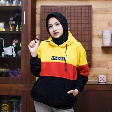 jacket with hood in yellow, black and red