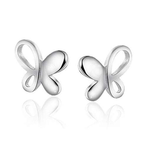 a pair of silver earrings with a butterfly design.