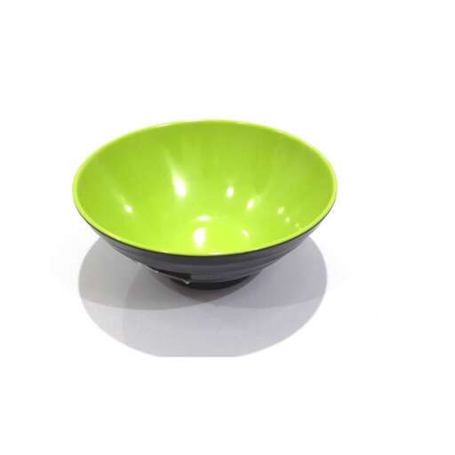 a green bowl with a black rim
