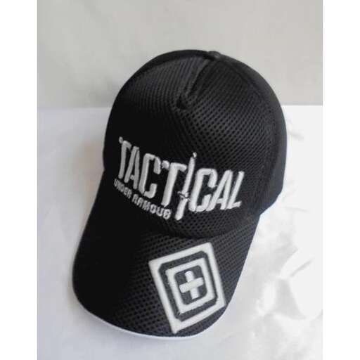 a black baseball cap with a white logo.