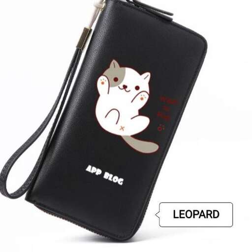 a black wallet with a cat on the front and a cat on the front.