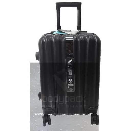 a black suitcase with wheels on a white background.