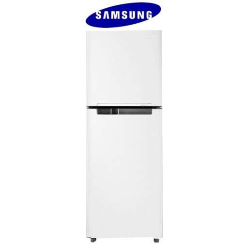 a white refrigerator with a black handle and a black handle.