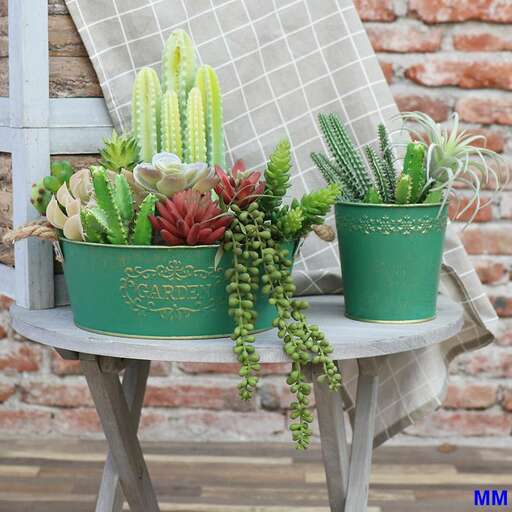 a small table with a basket of cactus